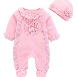 StyleCast Pink Girls Self-Design Cotton Rompers With Cap-image-120