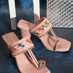 Anouk Peach-Coloured & Gold-Toned Embroidered Block Heels-33