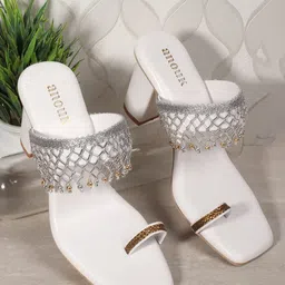 Anouk White Embellished Open Toe Block Heels-10