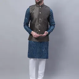SOJANYA Leheriya Mandarin Collar Pure Cotton Kurta with Pyjamas & Nahru Jacket-picture-11