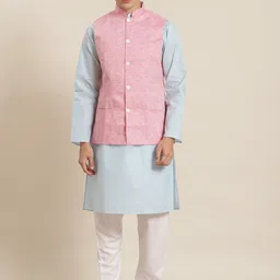 SOJANYA Men Blue Solid Regular Kurta with Churidar & Nehru Jacket-picture-14