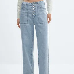 MANGO Women Button Detail High-Rise Straight Fit Cotton Jeans-image-36