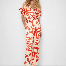 MANGO Satin Finish Printed Basic Jumpsuit with Belt-1