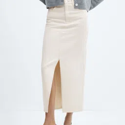 MANGO Front Slit Denim Midi Skirt-image-43