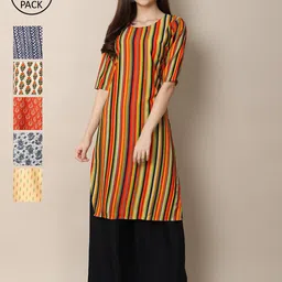 7Threads Women Set Of 6 Multicoloured Striped Crepe Kurta-image-33
