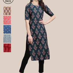 7Threads Women Pack of 6 Digital Printed Crepe Straight Kurtas-image-4