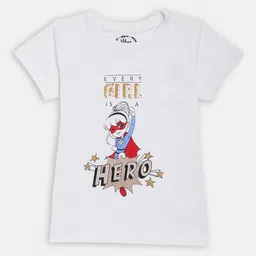 Blue Giraffe Girls White Printed Round Neck T-shirt-image-92