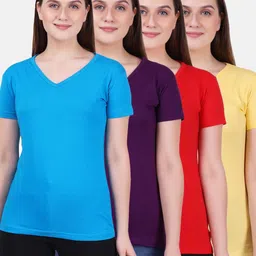 Fleximaa Women Yellow & Red 4 V-Neck T-shirt-image-7