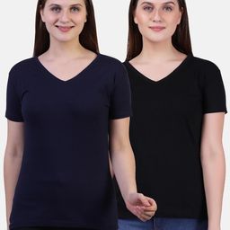 Fleximaa Women Se Of 2 Black & Navy Blue V-Neck T-shirt-image-14
