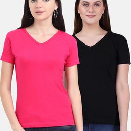 Fleximaa Women Black & Pink 2 V-Neck T-shirt-image-93
