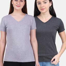 Fleximaa Women Set Of 2 Grey & Charcoal V-Neck T-shirt-24