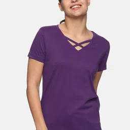 Trends Tower Women Purple V-Neck Pure Cotton T-shirt-image-4