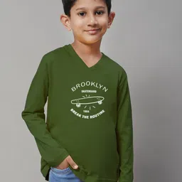 Friskers Boys Olive Green Typography Printed V-Neck T-shirt-image-31