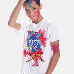 BONKIDS Boys White Holi Hai Holi Round Neck T-shirt-image-65
