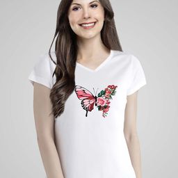 Pootlu Women White Printed V-Neck T-shirt 100% Cotton-image-77