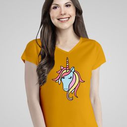 Pootlu Women Yellow Printed V-Neck T-shirt-image-95