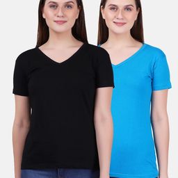Fleximaa Women Black & Blue 2 V-Neck T-shirt-image-91