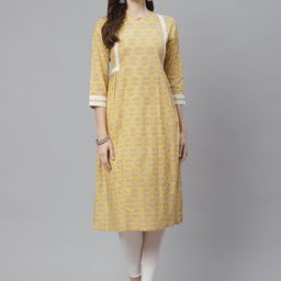 Bhama Couture Keyhole Neck Ethnic Motifs Printed Thread Work A-Line Pure Cotton Kurta-10