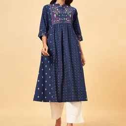 RANGMANCH BY PANTALOONS Geometric Printed Thread Work Pure Cotton A-Line Kurta-picture-0
