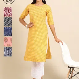 7Threads Women Yellow & Navy Blue Pack of 6 Geometric Printed Crepe Kurtas-image-55