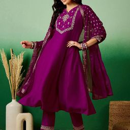 Sangria Magenta Embroidered Notch Neck Sequined A-Line Kurta With Trouser & Dupatta-picture-1