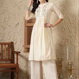 Stylum Cream Chevron Printed Band Collar Thread Work Pure Cotton A-Line Pleated Kurta-picture-41