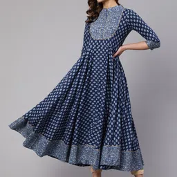 WOMENCLICK Floral Printed Mandarin Collar Cotton Flared Anarkali Kurta-14