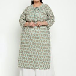 Sringam Plus Size Women Green & Beige Floral Printed Kurta-18