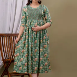 NITVAN Floral Printed Pleated Detail Maternity Cotton Fit and Flare Ethnic Dresses-picture-22