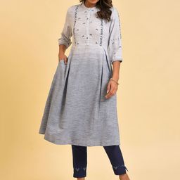 W Grey & Navy Blue Floral Embroidered Pure Cotton A-Line Kurta-picture-11