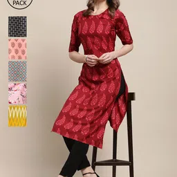 7Threads Women Pack Of 6 Multicoloured Paisley Printed Crepe Kurta-image-37