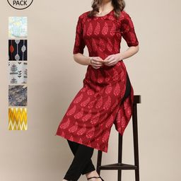 7Threads Women Red & Yellow Ethnic Motifs Printed Crepe Kurta-image-2