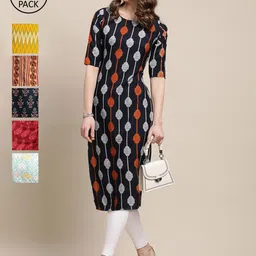 7Threads Women Pack Of 6  Multicoloured Geometric Printed Crepe Kurta-image-98