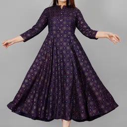 ao services Ethnic Motifs Printed Mandarin Collar Empire Styled Anarkali Flared Kurta-32