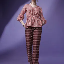 RAISIN Printed V-Neck Pure Cotton Top With Trousers-picture-58