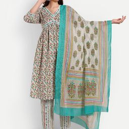 Krati Creations Printed Empire Mirror Work Pure Cotton Kurta With Trousers & Dupatta-image-13