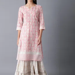 W Women Pink & White Ethnic Motifs Sequins Printed Cotton Kurta-picture-53