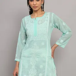 PARAMOUNT CHIKAN Ethnic Motifs Embroidered Chikankari Pure Cotton Straight Kurti-picture-16