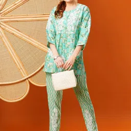 ADA Plus Size Ethnic Motifs Printed Round Neck Embroidered Tunic with Trousers-picture-3
