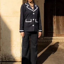 JORASA fiza Stripe Printed Coat With Trouser Co-Ords-image-3