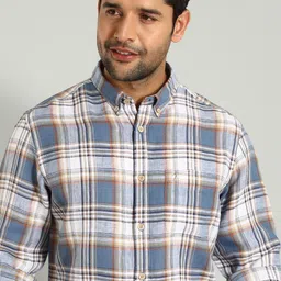 Indian Terrain Classic Button Down Collar Slim Fit Tartan Checks Linen Casual Shirt-image-60