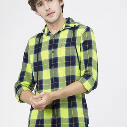 HIGHLANDER Men Lime Green & Navy Blue Slim Fit Buffalo Checked Hooded Cotton Casual Shirt-image-20