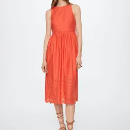 MANGO Orange Pure Cotton Schiffli A-Line Midi Dress with Smocked Detail-image-19