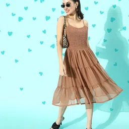 plusS Women Chic Brown Solid Smocked Dress-picture-52