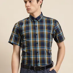 SOJANYA Men Olive Green & Navy Blue Pure Cotton Regular Fit Checked Formal Shirt-image-21