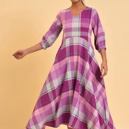 W Purple Checked Cotton A-Line Midi Dress-image-12