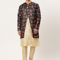SOJANYA Men Black & Golden Ethnic Motifs Print Kurta & Churidar with Tailored Jacket-picture-7