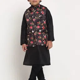 Benstoke Boys Black Floral Printed Kurta with Churidar and Nehru Jacket-picture-54