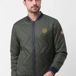 SPYKAR Men Blue Striped Reversible Bomber with Patchwork Jacket-image-82