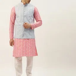 SOJANYA Men Pink & White Embroidered Thread Work Kurta with Churidar & Nehru Jacket-picture-40